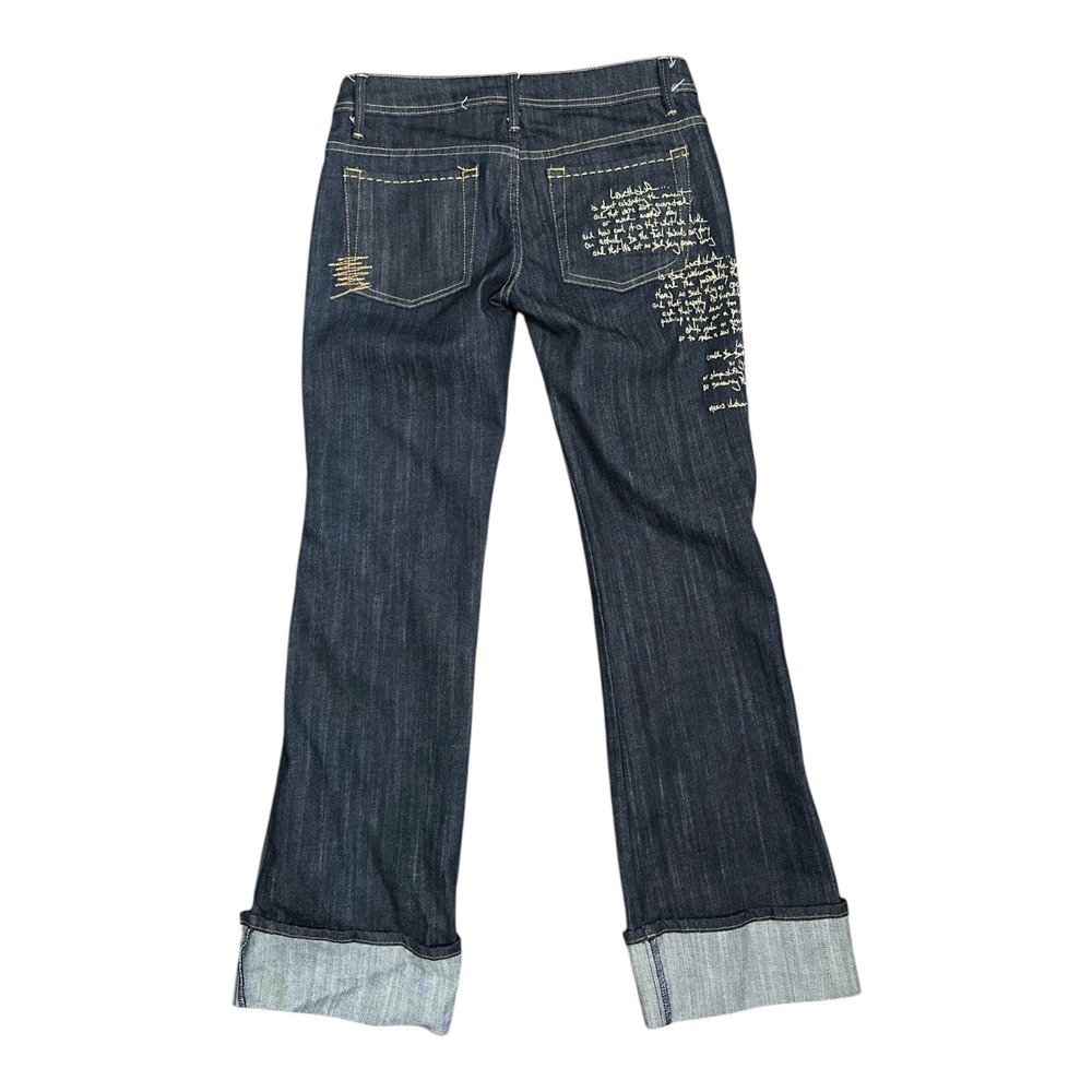 Plush Premium Denim Y2K Script Embroidered Bootcut Jeans Dark Wash Cuffed SZ 27 - Picture 2 of 7